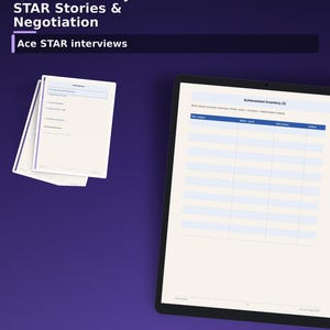 Può includere: Un documento digitale di 60 pagine intitolato Interview Ready STAR Stories & Negotiation, che presenta una tabella denominata Achievement Inventory con colonne per win, project, metric, proof, skill shown e STAR, su uno sfondo viola scuro.