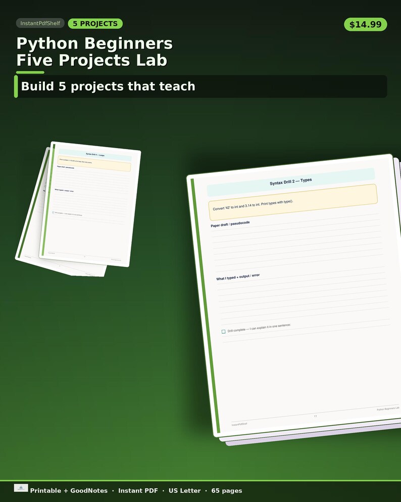 Python for Beginners Five Projects Practice Lab Workbook | Coding Drills PDF image 1
