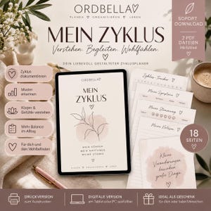 Könnte beinhalten: Ein digitaler Zyklusplaner mit dem Titel MEIN ZYKUS und einer Blattillustration, bestehend aus 18 Seiten inklusive Zyklus-Tracker, Symptom-Tagebuch, Stimmungs-Tracker und Notizbereich. Dargestellt mit einem Stift und ausgedruckten Seiten.