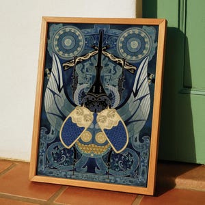 May include: A framed art print featuring a stylized, symmetrical illustration of a large beetle with expansive wings. The artwork uses a palette of deep blues, light blues, and cream tones, incorporating intricate geometric and floral patterns.