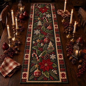 May include: A rectangular table runner featuring a dark green centre panel decorated with red poinsettias, pine cones, candy canes, ornaments, and white snowflakes. The border consists of a red and green plaid pattern with star accents.