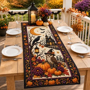 Tafelloper met herfstuilmotief, gewatteerde pompoenloper voor de herfst, rustieke bosdecoratie voor Thanksgiving, tafelkleed voor de eettafel in boerderijstijl, Halloween-decoratie