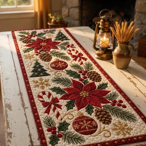 Puede incluir: Un camino de mesa acolchado rectangular con un motivo navideño bordado sobre un fondo crema. El diseño incluye flores de pascua rojas, ramas de pino verdes, piñas, bastones de caramelo, adornos rojos y copos de nieve dorados.