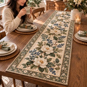 Quilted Blue Flowers Table Runner, Fall Autumn Floral Harvest Dining Table Decor