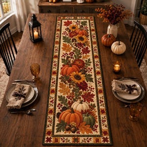 May include: A rectangular fabric table runner featuring a central autumn-themed print of orange and white pumpkins, yellow sunflowers, red berries, and multicolored fall leaves. The border has a geometric pattern with small star motifs.