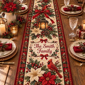 May include: A rectangular fabric table runner featuring a cream-coloured centre with a Christmas-themed print of red poinsettias, green pine branches, red berries, a lantern, and a red cardinal. The text "The Smith Family" is printed in red.