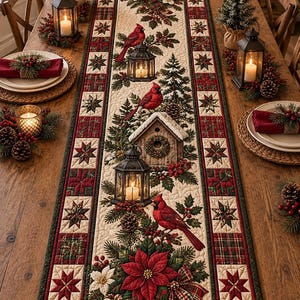 May include: A rectangular quilted table runner featuring a Christmas theme with red cardinals, black lanterns, a birdhouse, poinsettias, pinecones, and evergreen branches. The border consists of red and green plaid squares and star patterns.