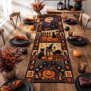 Op de afbeelding: Een rechthoekige tafelloper met Halloween-thema en een doorgestikt ontwerp met illustraties van een spookhuis, zwarte katten, pompoenen, herfstbladeren, spinnenwebben en snoepjes op een donkerpaarse en zwarte achtergrond.