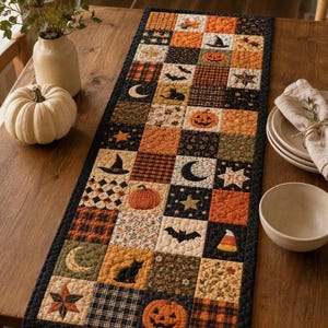 May include: A rectangular quilted table runner featuring a patchwork design of orange, black, and cream squares. The fabric squares display Halloween-themed motifs including pumpkins, black cats, bats, crescent moons, stars, and witch hats.