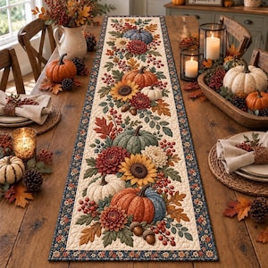 May include: A rectangular quilted table runner featuring a repeating autumn harvest pattern of orange, white, and blue pumpkins, yellow sunflowers, red chrysanthemums, brown oak leaves, and red berries, all bordered by a dark blue floral trim.