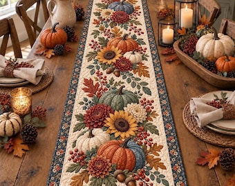 Quilted Blue Pumpkin Table Runner, Fall Autumn Floral Harvest Dining Table Decor