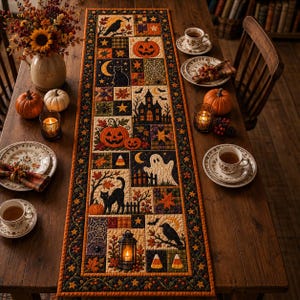 Op de afbeelding: Een rechthoekige stoffen tafelloper met een patchworkontwerp met Halloween-motieven zoals pompoenen, een zwarte kat, een spook, een spookhuis, een spinnenweb, een lantaarn en kraaien, omrand door een donkere stof met oranje sterren en ranken.