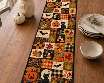 Vintage Halloween Patchwork Quilt Table Runner, Pumpkin Black Cat Bat Candy Corn Table Decor, Primitive Fall Runner, Halloween Decor, Table