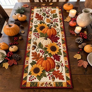 May include: A rectangular quilted table runner featuring a printed pattern of orange and white pumpkins, yellow sunflowers, red berries, brown acorns, and multicolored autumn leaves, bordered by a geometric patchwork design in shades of red and gold.