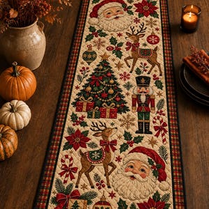 May include: A rectangular quilted table runner featuring a cream-colored background with a repeating Christmas pattern. The design includes illustrations of Santa Claus, reindeer, a decorated Christmas tree, a nutcracker, poinsettias, and gifts.