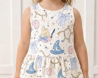 Ensemble débardeur à basque et short de vélo pour fille - tenue pastel à imprimé magique, vêtements mignons pour la journée dans un parc, ensemble confort pour enfants pour les voyages Disney
