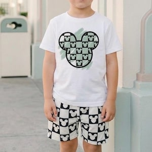 Monochrome Mouse Checkered Kids Tee, Disney Set, Disney Vacation Tee for kids, toddler & baby Disney Outfit, Boys Disney Set Outfit image 1