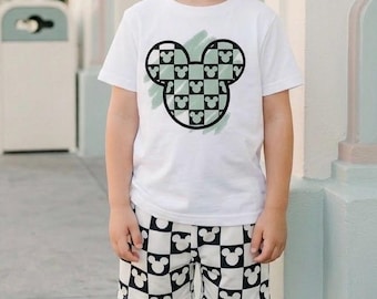 Monochrome Maus kariert Kinder T-Shirt, Disney-Set, Disney Urlaub T-Shirt für Kinder, Kleinkind & Baby Disney Outfit, Jungen Disney Set Outfit