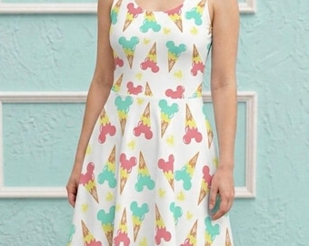 Womens Active Disney Dress W/ Smooth & Scult Shorts | Mouse Ice Cream | Soft Stretch Cotton | Disney Tennis Summer Dress | USA Made