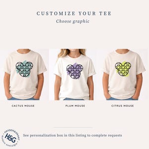 The image is a collage of three different t-shirt designs featuring a Mickey Mouse motif. The t-shirts are labeled as "Cactus Mouse", "Plum Mouse", and "Citrus Mouse".