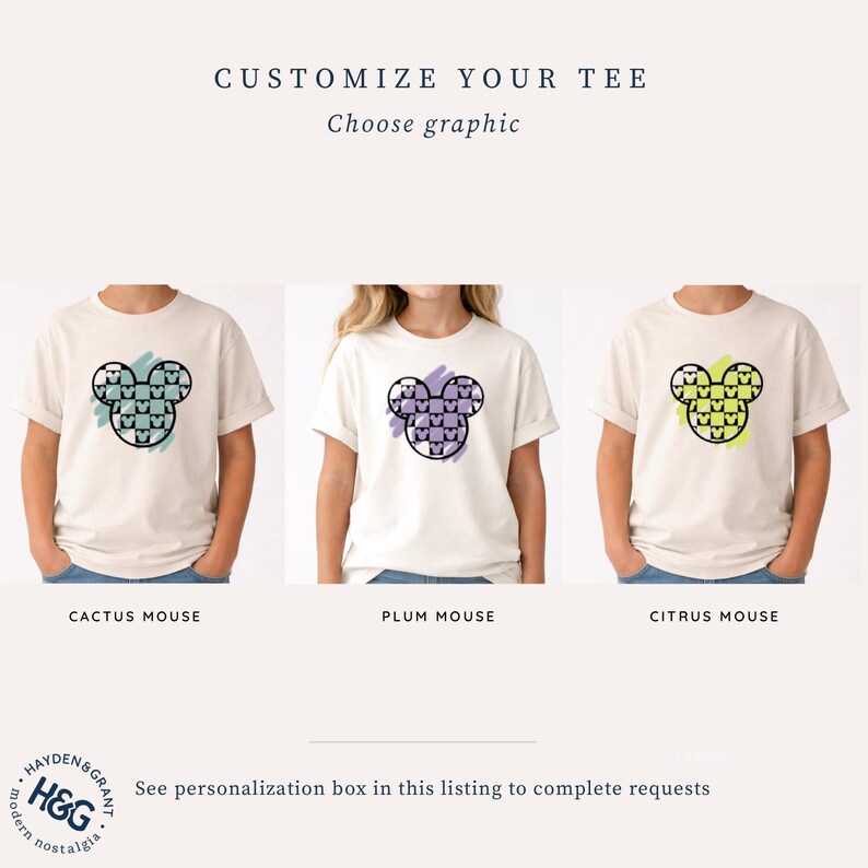 The image is a collage of three different t-shirt designs featuring a Mickey Mouse motif. The t-shirts are labeled as "Cactus Mouse", "Plum Mouse", and "Citrus Mouse".