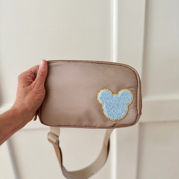 Disney Fanny Pack with Minnie bow Patch, Disney Belt Bag, Crossbody Park Bag, Travel Bag, Chenille Patches