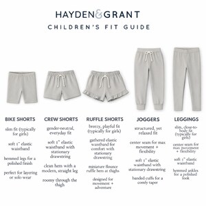 The image is a children's fit guide featuring various types of shorts and leggings, including bike shorts, crew shorts, ruffle shorts, joggers, and leggings.