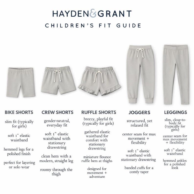 The image is a children's fit guide featuring various types of shorts and leggings, including bike shorts, crew shorts, ruffle shorts, joggers, and leggings.