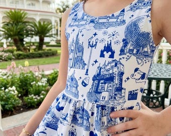 Girls Four Park Toile Dress, Disney Princess Dress, Girls Disney Dress, Disney Princess Dress, Magic Kingdom Dress, Disney World Dress