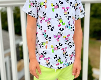 Kids Neon Mouse T-shirt Shorts Set, 90’s Retro Mouse T-shirt, Kids Retro Disney Set Neon Shorts, Disney Vacation Tee for kids & baby