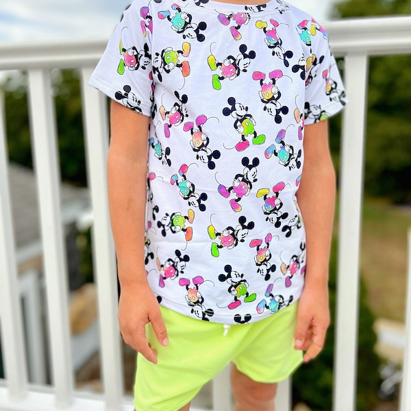 Kids Neon Mickey T-shirt Shorts Set, 90’s Retro Mickey T-shirt, Kids Retro Disney Set Neon Shorts, Disney Vacation Tee for kids & baby