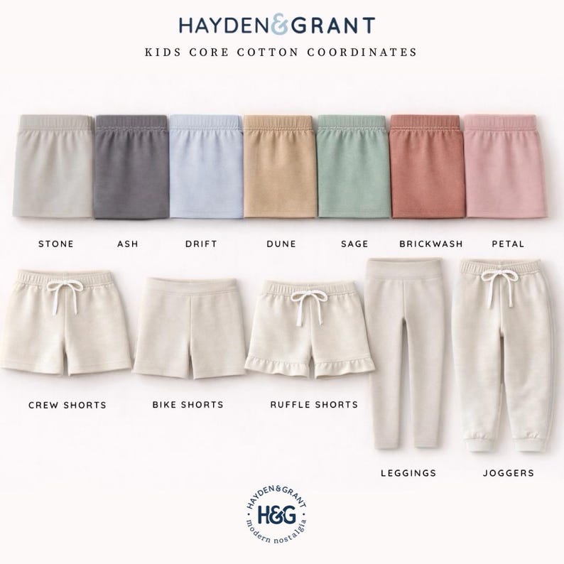 a collection of children's cotton coordinating tops and bottoms in various colors, including gray, light blue, beige, brown, pink, and white.