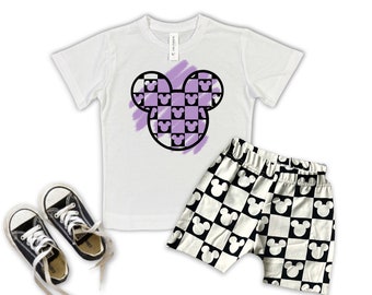 T-shirt enfant monochrome à carreaux Mickey, ensemble Disney, t-shirt vacances Disney pour enfants, tout-petits et bébé tenue Disney, ensemble tenue Disney pour garçons