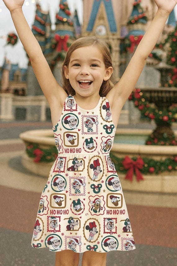 Girls Vintage Christmas Mouse Stamp, Kids Disney Christmas Dress