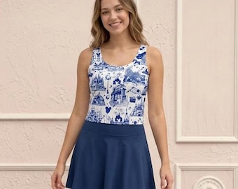 Conjunto deportivo de dos piezas con estampado de parque temático para mujer / Camiseta y falda Disney Toile / Ropa deportiva Disney para mujer