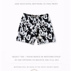 The image is an advertisement for a product featuring a pair of shorts with a Mickey Mouse pattern. The text encourages customers to "Make it a set" by adding matching bottoms, and provides options to customize the style of the bottoms. The ad also mentions that bottoms will be made in the print shown above.