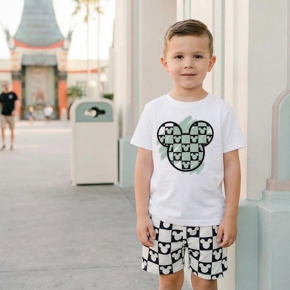 Monochrome Mouse Checkered Kids Tee, Disney Set, Disney Vacation Tee for kids, toddler & baby Disney Outfit, Boys Disney Set Outfit