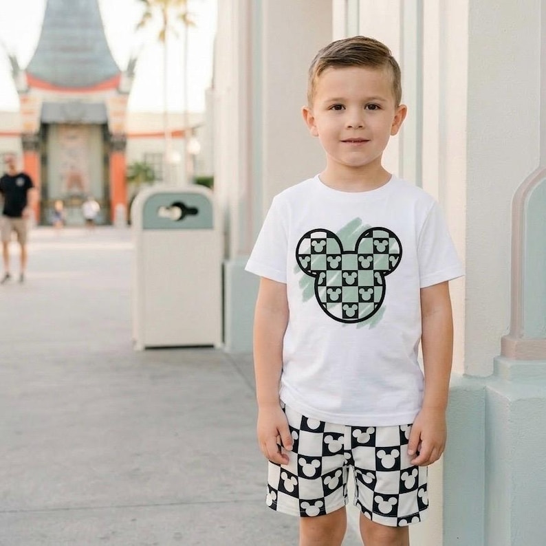 Monochrome Mouse Checkered Kids Tee, Disney Set, Disney Vacation Tee for kids, toddler & baby Disney Outfit, Boys Disney Set Outfit image 1