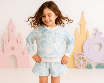Mädchen Prinzessin Toile Rundhalsausschnitt und Rüschen Shorts Set Disney Prinzessinnen Leichter Pullover, Mädchen Disney Prinzessinnen Outfit