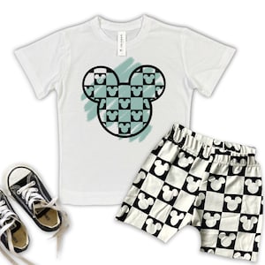 Monochrome Mouse Checkered Kids Tee, Disney Set, Disney Vacation Tee for kids, toddler & baby Disney Outfit, Boys Disney Set Outfit