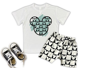 Monochrome Mickey Checkered Kids Tee, Disney Set, Disney Vacation Tee for kids, toddler & baby Disney Outfit, Boys Disney Set Outfit