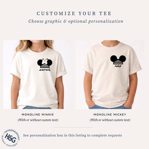 two different t-shirt designs featuring the character Minnie Mouse. The t-shirt on the left is labeled "Monoline Minnie" and the one on the right is labeled "Monoline Mickey".
