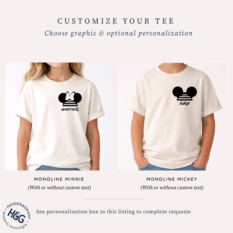 two different t-shirt designs featuring the character Minnie Mouse. The t-shirt on the left is labeled "Monoline Minnie" and the one on the right is labeled "Monoline Mickey".