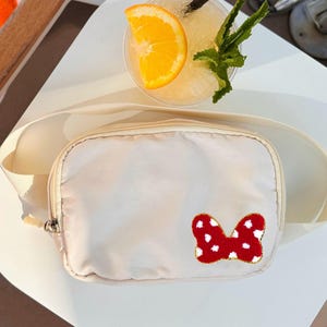 Disney Fanny Pack with Minnie bow Patch, Disney Belt Bag, Crossbody Disney Bag, Travel Bag, Chenille Patches