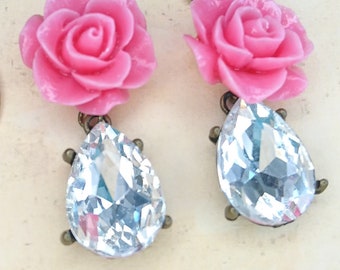 Pink Rose Earring w/ Shabby Chic Flower and Crystal Dangle
