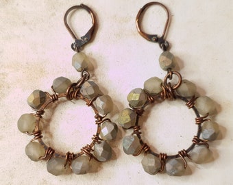 Smokey Green Beaded Hoop Earrings wire-wrapped glass on hand hammered copper hoops