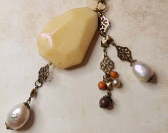 Moukaite Healing Stone, Necklace w  Fresh Water Pearl & Brass Filigree Chain