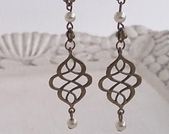 Antiqued Eternity Knot and Pearl Dangle Charm Earrings Shabby Chic Boho Bride Jewelry