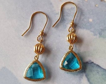 Aquamarine  Triangular Gem Earrings with 24 k Gold Plated Jewel Bezel Drop Earrring