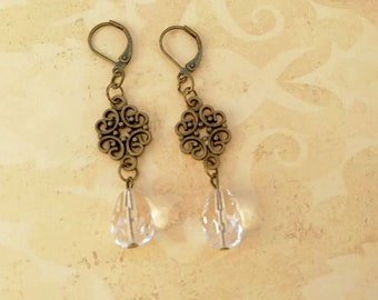 Antique Bronze and Faceted Crystal Drop Gemstone Dangle Earrings Shabby Chic Boho Bride Jewelry